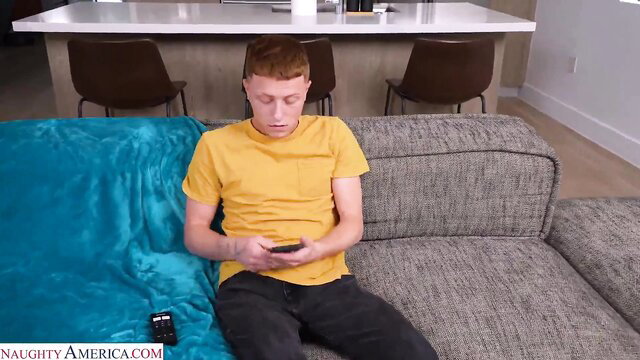 Redhead guy in yellow shirt on couch in Gia Ohmy sex video