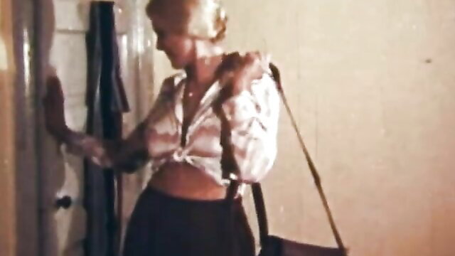 Retro blonde MILF in sheer blouse and skirt, hairy lesbian tease