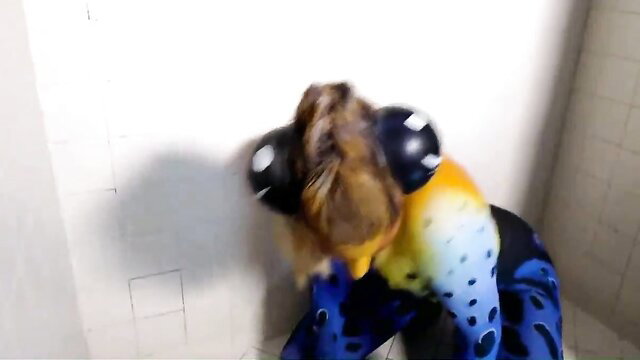 Hot cosplay babe in bug suit deepthroating dildo in VR