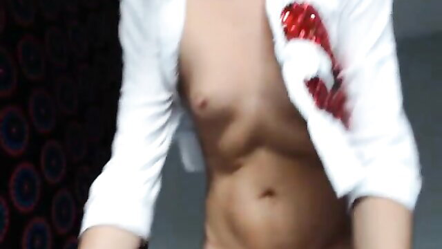 Slim Asian twink's toned abs and chest in open white shirt closeup