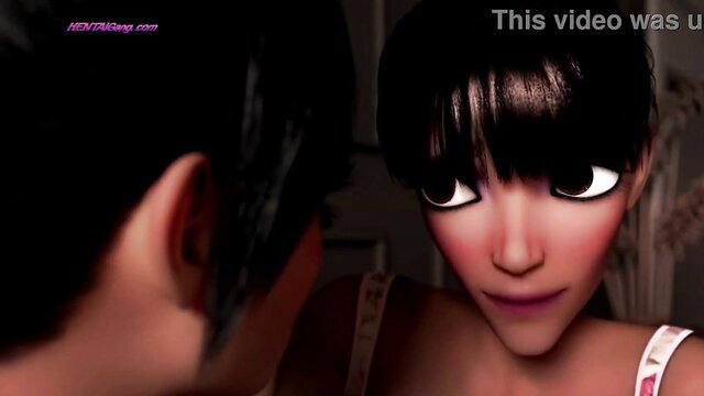 Kinky anime girl with bangs faces viewer in lingerie, 3D hentai tease