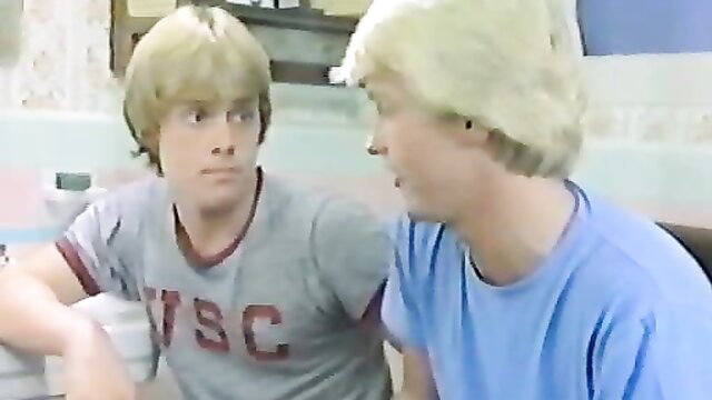 Vintage gay locker room duo with blond twinks in tank tops