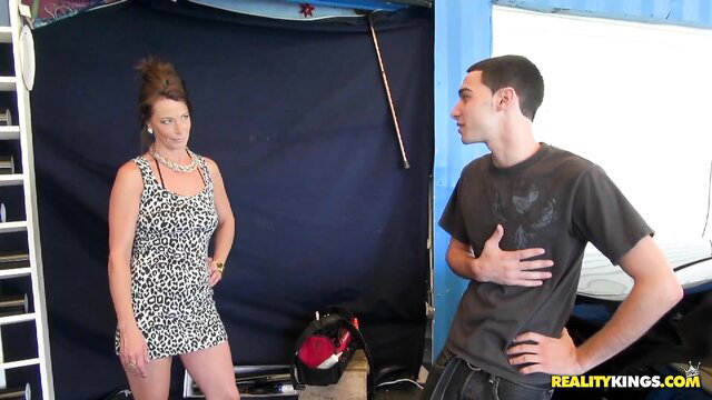 Mimi Moore in leopard dress flirts with young guy in hot MILF scene