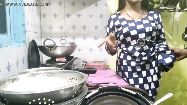 Desi Mumbai Ashu maid in checkered dress cooking in kitchen