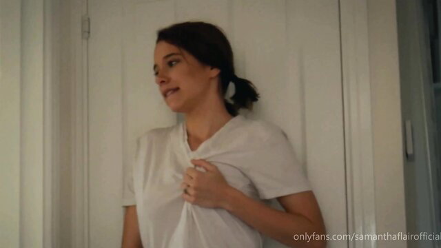 Samantha Flair in tight white t-shirt, hand on chest, POV tease
