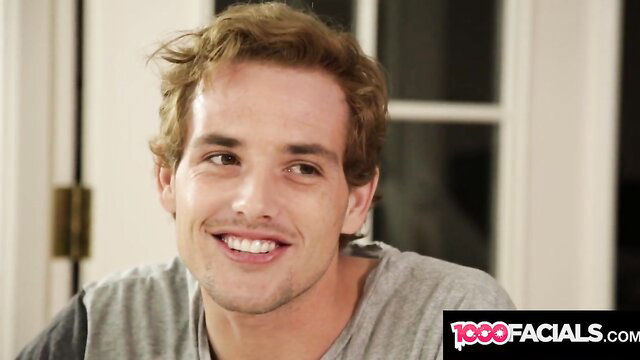 Skinny blonde guy smiling in tight tee, huge cock suck VR preview