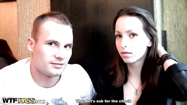 Teen cutie with brunette hair asks for cheek kiss in amateur pickup fuck