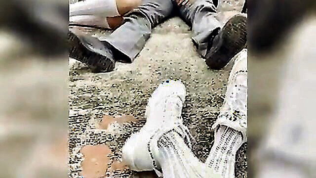 Student girl socks feet on guy jeans during college blowjob fuck