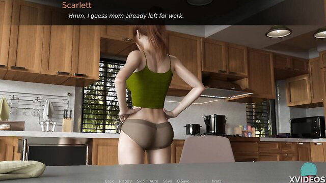 Redhead MILF Scarlett in tight tank top and panties, big ass view in kitchen
