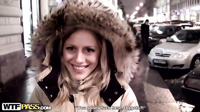 Gorgeous blonde in fur hood taunts 'You gonna fuck here faggot?' public tease