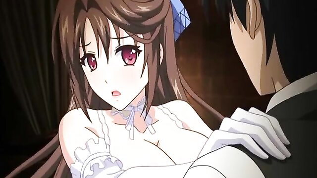 Anime maid with huge tits groped by suited man in hot JAV clip