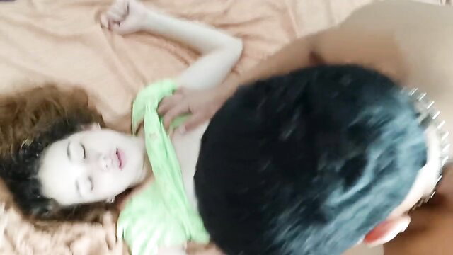 LorensSex step-sis in green top, man over her on bed in POV homemade vid