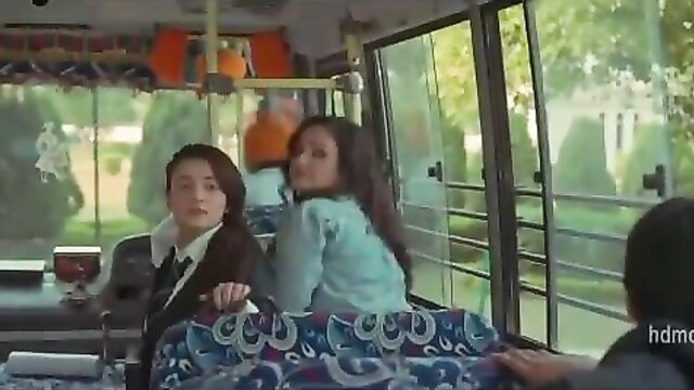 Two sexy brunettes in lingerie on bus seat in hot Hindi web series