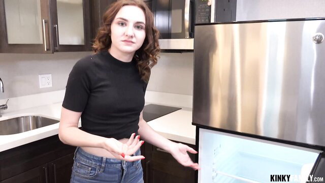 Kelsey Kane in tight black top and jeans in kitchen tease