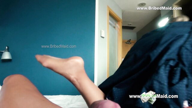 BribedMaid's bare foot on penis, dominating hotel maid with cash