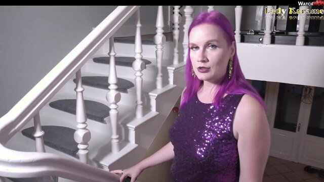 LadyKarame in purple sparkly dress, pink hair at stairs, kinky POV tease