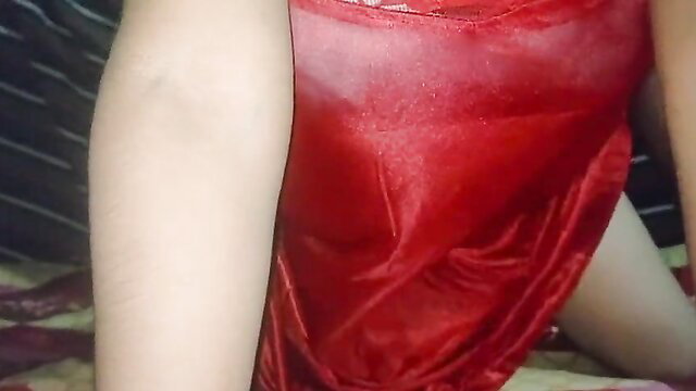 Indian babe in sheer red lingerie shows off slim body on bed