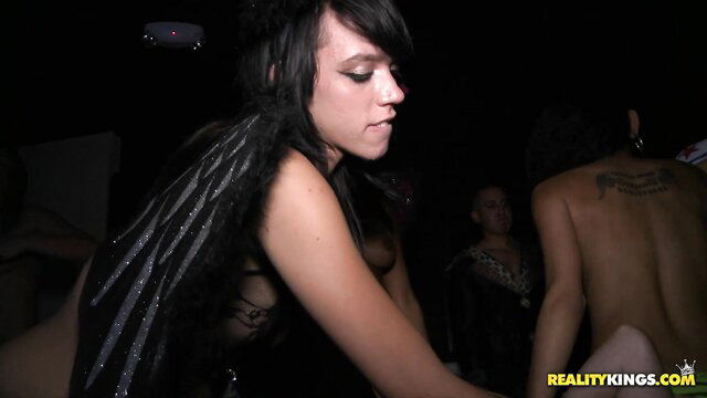Petite Vera Vaughn in sexy feathered lingerie grinds wild in dark VIP club