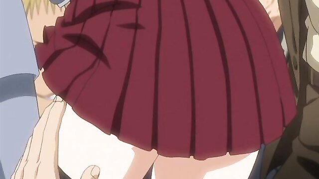 Blonde anime girl in pleated skirt groped in bondage scene