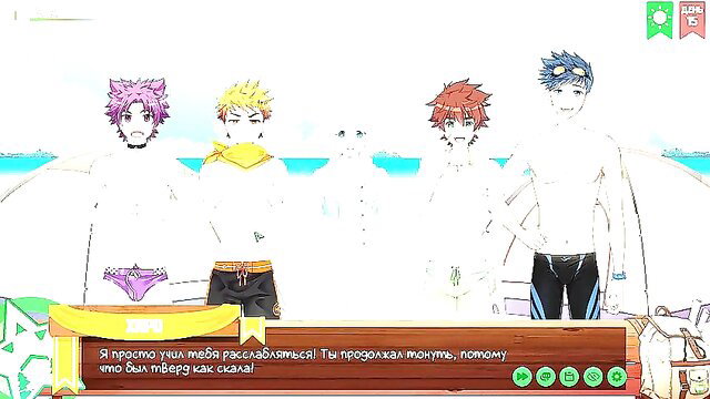 Russian Hentai Friendscamp: Anime boys in swimsuits beach scene with Natsumi & Kentaro