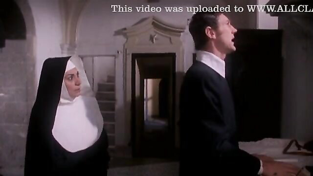 Italian nun in habit with natural tits kisses curly-haired man in suit