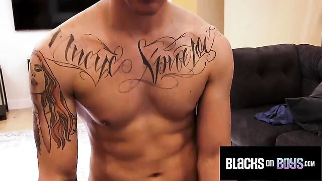 Tattooed muscular white guy with sexy girl tattoo on chest