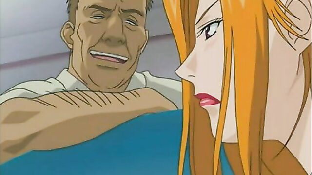 Blonde anime babe with orange hair faces grinning boss in steamy office tease