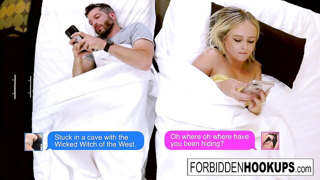 Step-siblings in bed texting flirty messages, forbidden hookup tease