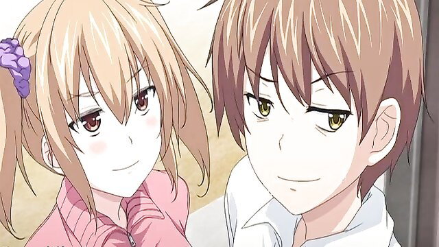 Busty blonde hentai teen with purple hair bows smiles with handsome guy