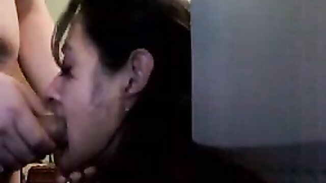 Brunette neighbor wife deepthroats cock with hand assist