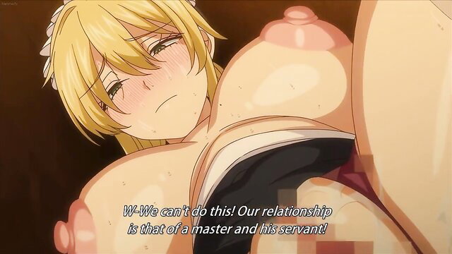 Blonde anime maid with huge tits in erotic master-servant scene