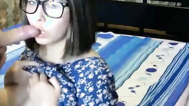 Glasses babe with floral dress sucks thick cock closeup BJ