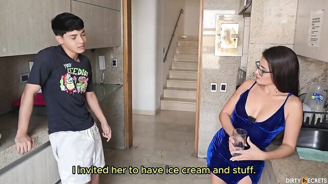 Latina stepmom in tight purple dress flirts with stepson over ice cream