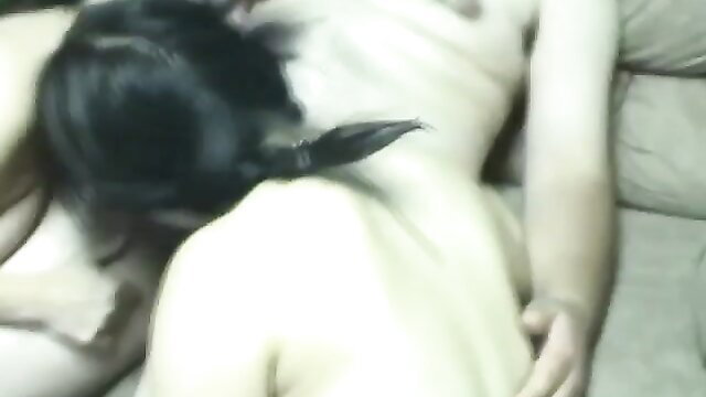 Amateur babe with black ponytail gives BJ in hot FFM threesome