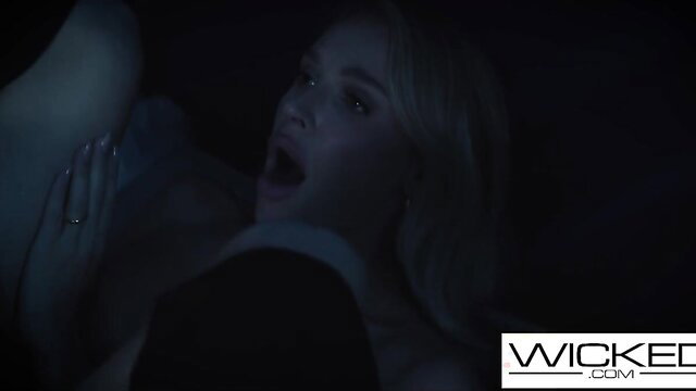 Emma Hix blonde with big bouncing boobs licks pussy in dark scene