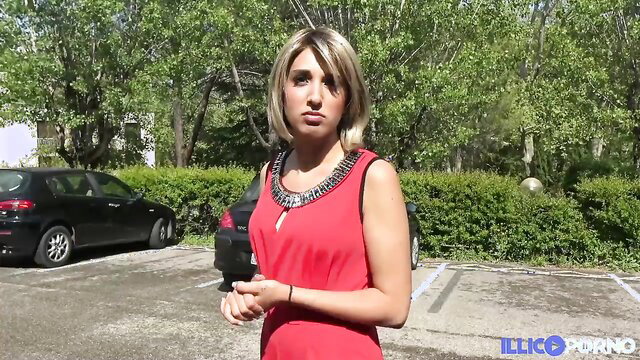 Blonde Assia in red dress outdoors, wild anal star