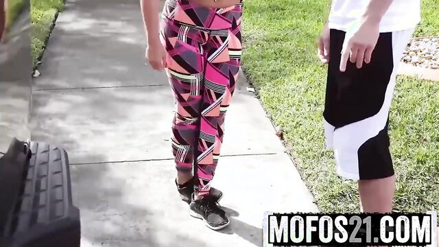 Layla London in tight pink leggings meets hot neighbor outside