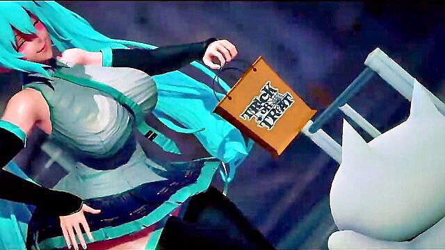 Sexy teal-haired anime girl in skimpy Halloween costume holding treat bag