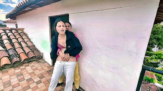 Hot Latina ex fingered outdoors on rooftop by man behind