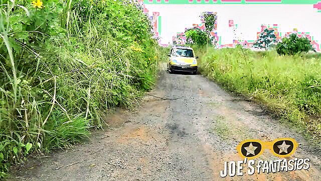 Sexy African student in yellow taxi on rural road, Joe's Fantasies