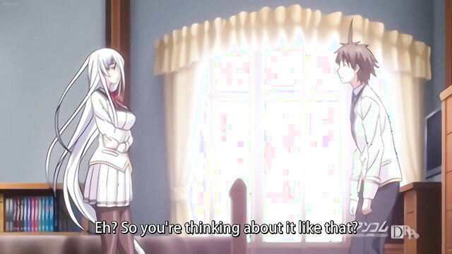 Anime hentai girl with huge tits in skirt teases guy in uniform