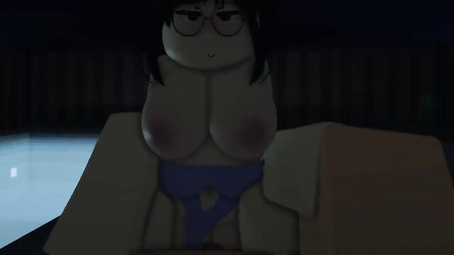 Anime girl with glasses in skimpy blue fundoshi exposing huge tits in cave