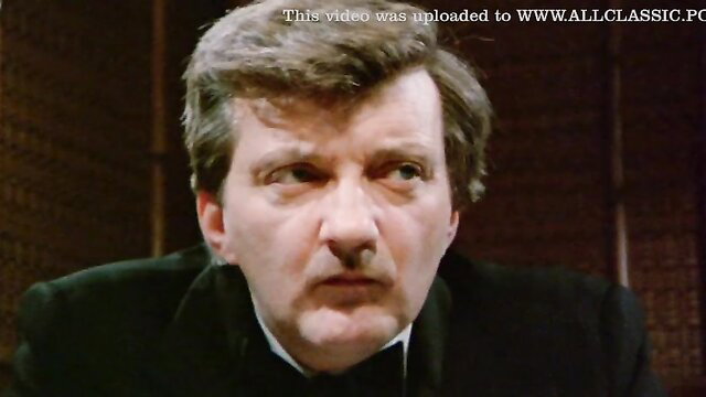 Vintage horny teen maid fantasy with curly haired man in suit closeup