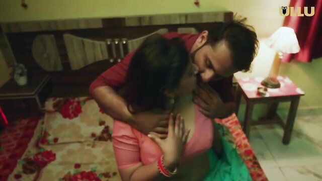 Indian wife in saree passionately kissed and embraced by lover in hot Ullu web series