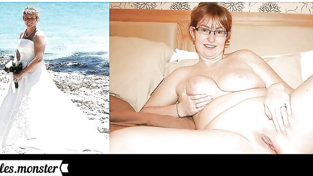 Redhead bride undresses nude on beach and spreads pussy on bed