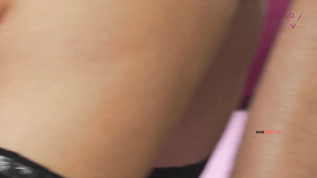 Blonde in pink lingerie & nylons, ripped stockings tease