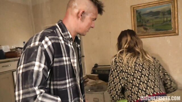 Kinky blonde bends over kitchen counter, tight ass in view for pee and banging