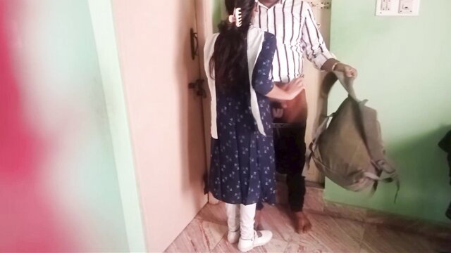 Luxcream2 in schoolgirl dress with man at door after class, Indian amateur tease