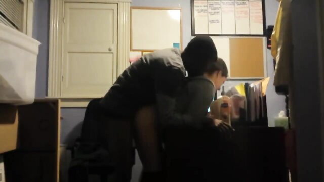 Young white teen bent over desk, tight holes stretched by hung black stud