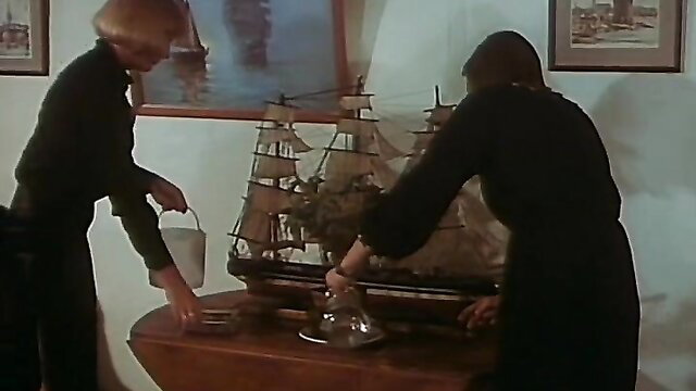 French couple in black dresses by ship model, steamy hairy pussy preview